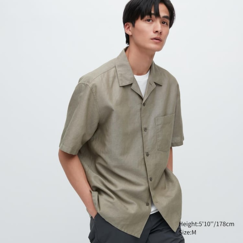 Pánské Košile Uniqlo Linen Blend Krátké Sleeved (Open Collar) Olivy Zelené | RJOCYZT-58