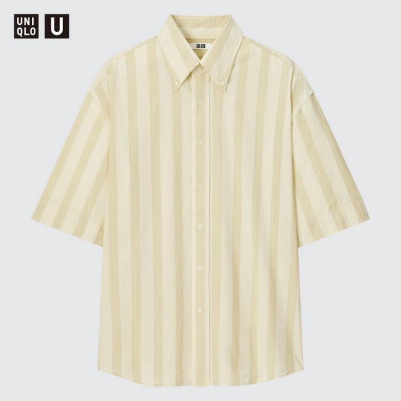 Pánské Košile Uniqlo U Seersucker Běžné Pruhovaný Krátké Sleeved Krém | YXJBPGD-29