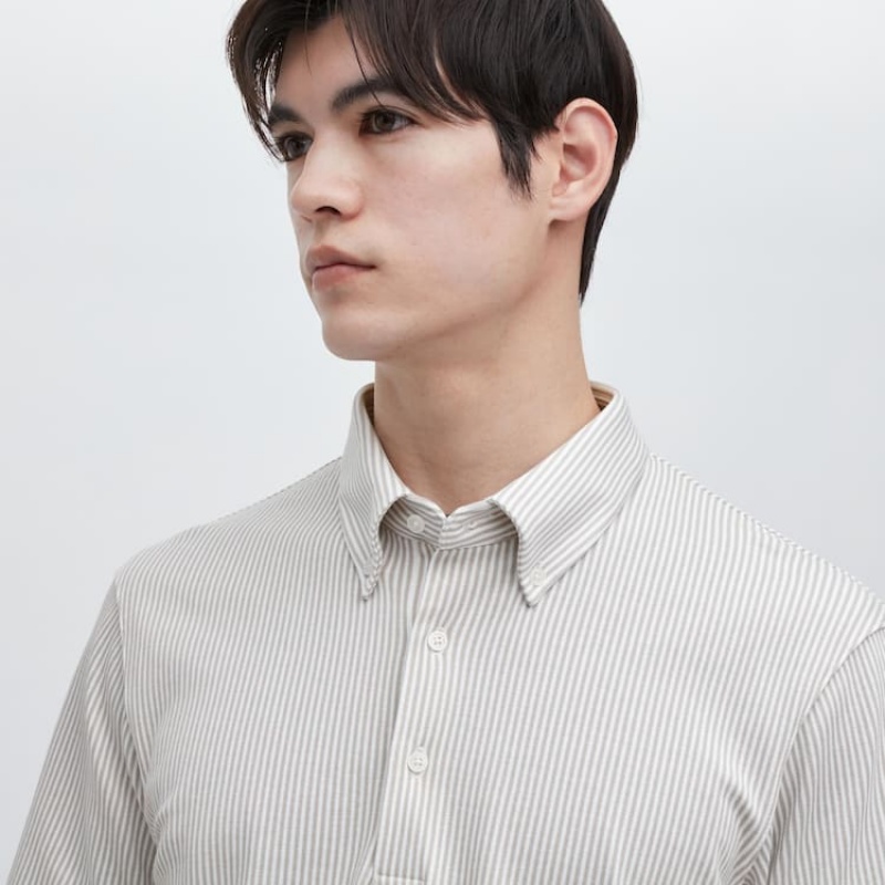 Pánské Polo Triko Uniqlo Airism Pruhovaný (Button-down Collar) Šedé | NCGYUPQ-13