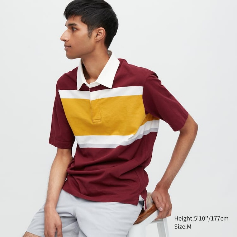 Pánské Polo Triko Uniqlo Rugger Pruhovaný Krátké Sleeved Vínové | IKHPCMZ-58