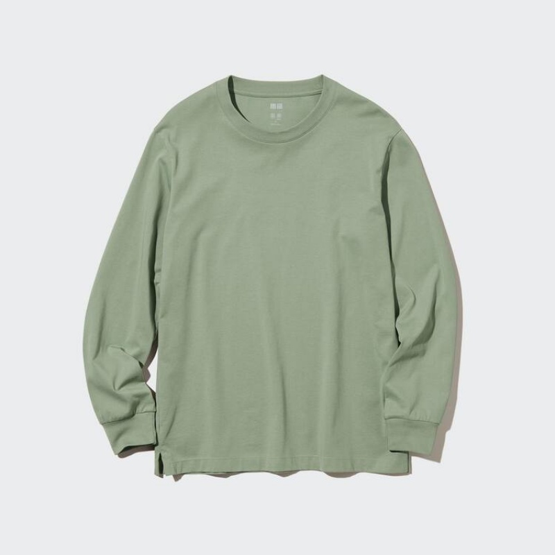 Pánské Topy Uniqlo Airism Bavlněné Crew Neck Long Sleeved Zelene | LFDJHOI-76