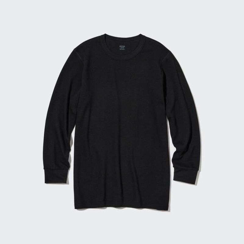 Pánské Topy Uniqlo Heattech Extra Warm Bavlněné Waffle Crew Neck Long Sleeved Thermal Černé | WHUJMIK-09