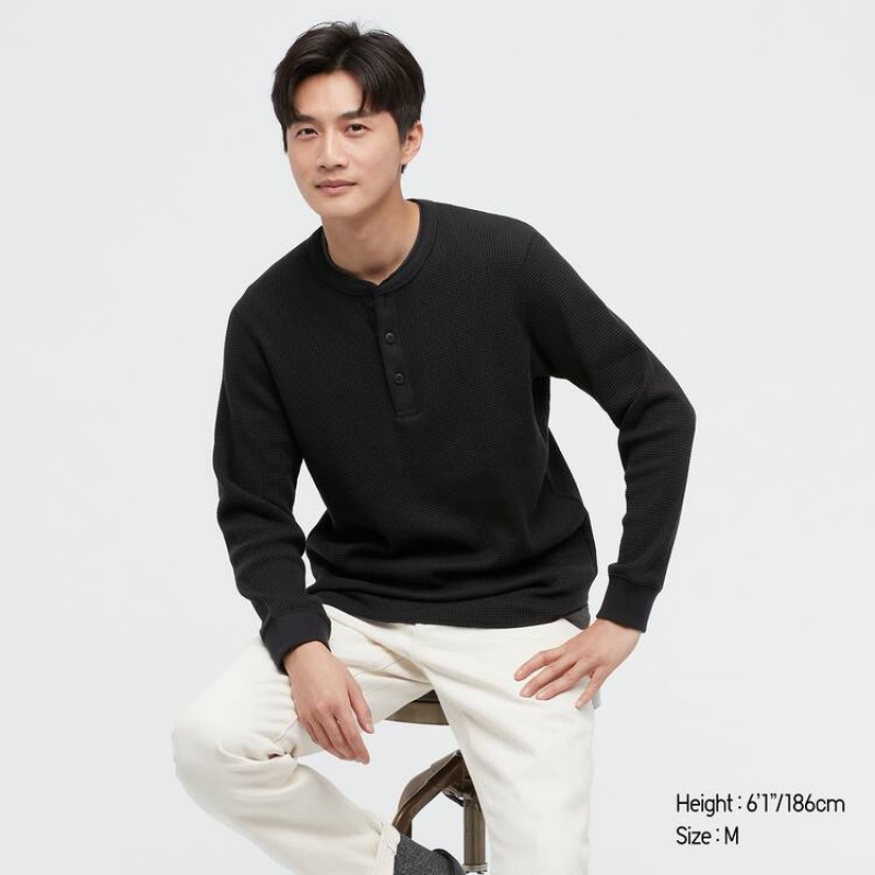 Pánské Topy Uniqlo Waffle Henley Černé | NHKUBCE-95