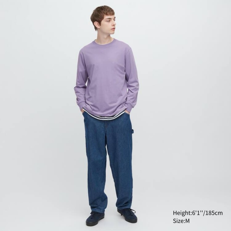 Pánské Tričko Uniqlo Airism Bavlněné Crew Neck Long Sleeved Fialové | RCAOENB-59