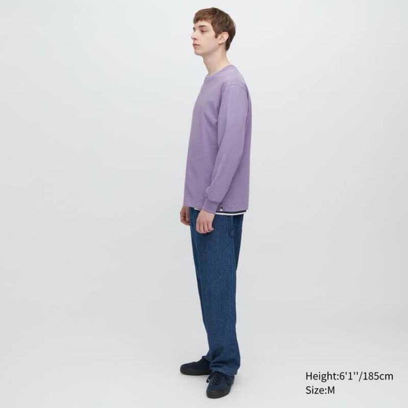 Pánské Tričko Uniqlo Airism Bavlněné Crew Neck Long Sleeved Fialové | RCAOENB-59