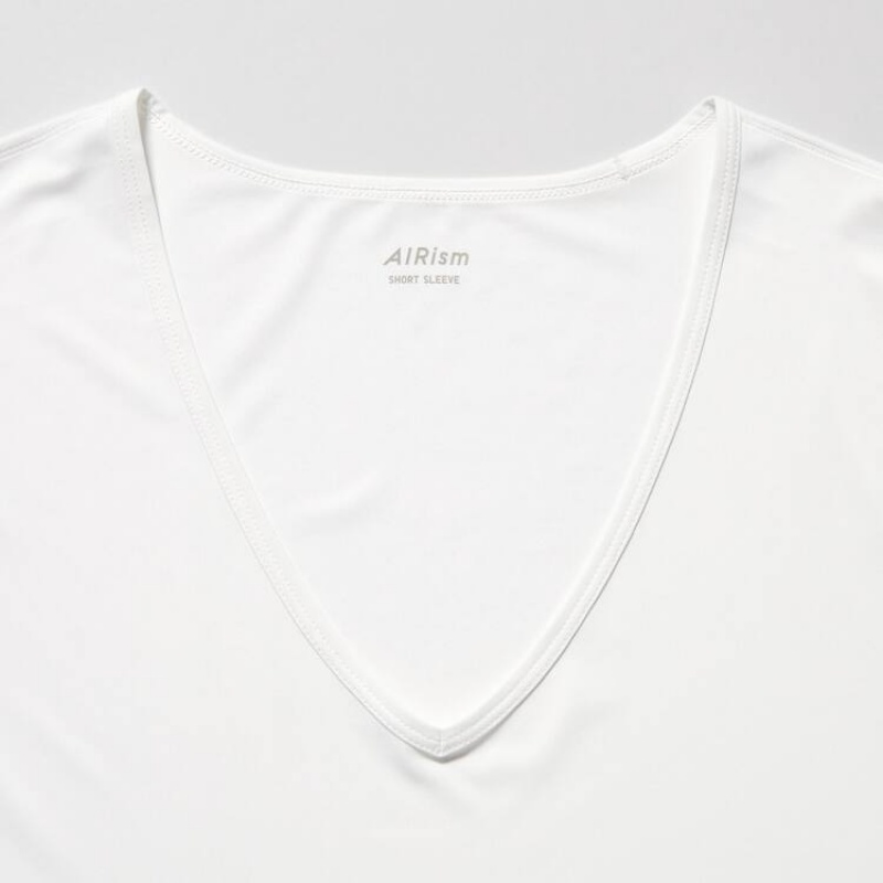 Pánské Tričko Uniqlo Airism V Neck Krátké Sleeved Bílé | EWOAVHC-02