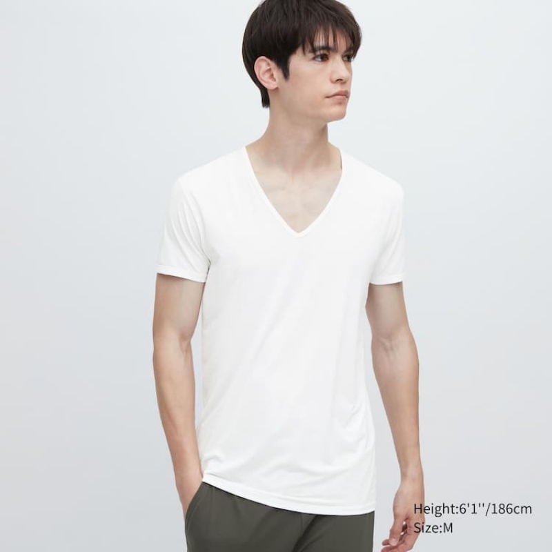 Pánské Tričko Uniqlo Airism V Neck Krátké Sleeved Bílé | EWOAVHC-02