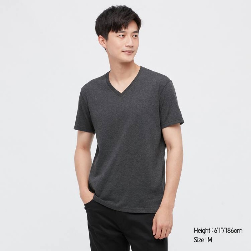 Pánské Tričko Uniqlo Dry V Neck Tmavě Šedé | XEHWDVC-96