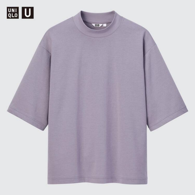 Pánské Tričko Uniqlo U Airism Bavlněné Oversized Mock Neck Half Sleeved Fialové | PXVUYEH-69