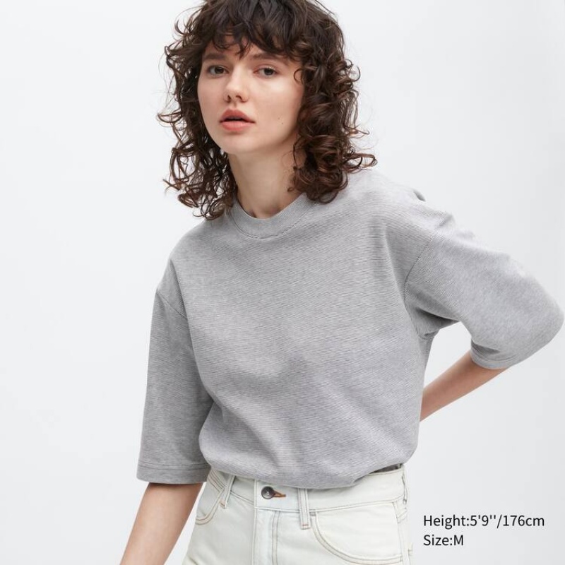 Pánské Tričko Uniqlo U Airism Bavlněné Pruhovaný Oversized Crew Neck Half Sleeve Bílé | CBYTZWJ-34