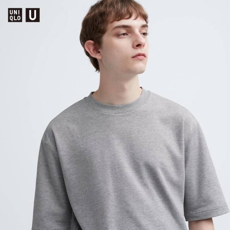 Pánské Tričko Uniqlo U Airism Bavlněné Pruhovaný Oversized Crew Neck Half Sleeve Bílé | CBYTZWJ-34