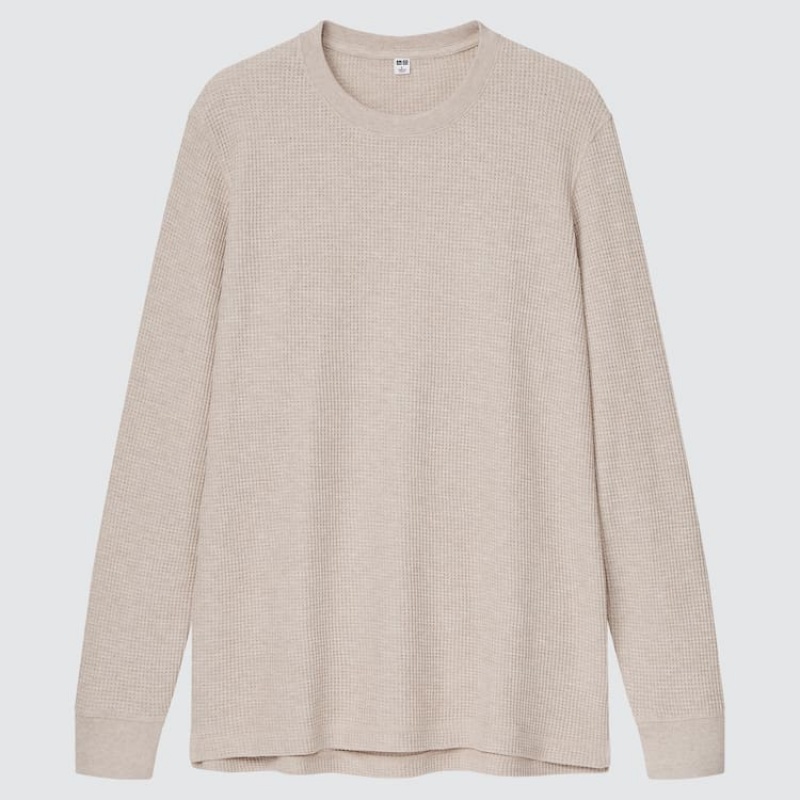 Pánské Tričko Uniqlo Waffle Crew Neck Long Sleeved (2021 Season) Béžový | LXZURTK-02