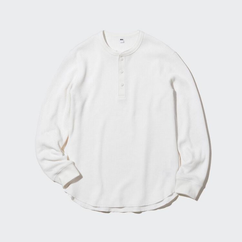 Pánské Tričko Uniqlo Waffle Henley Neck Long Sleeved Bílé | IPGFZOE-79